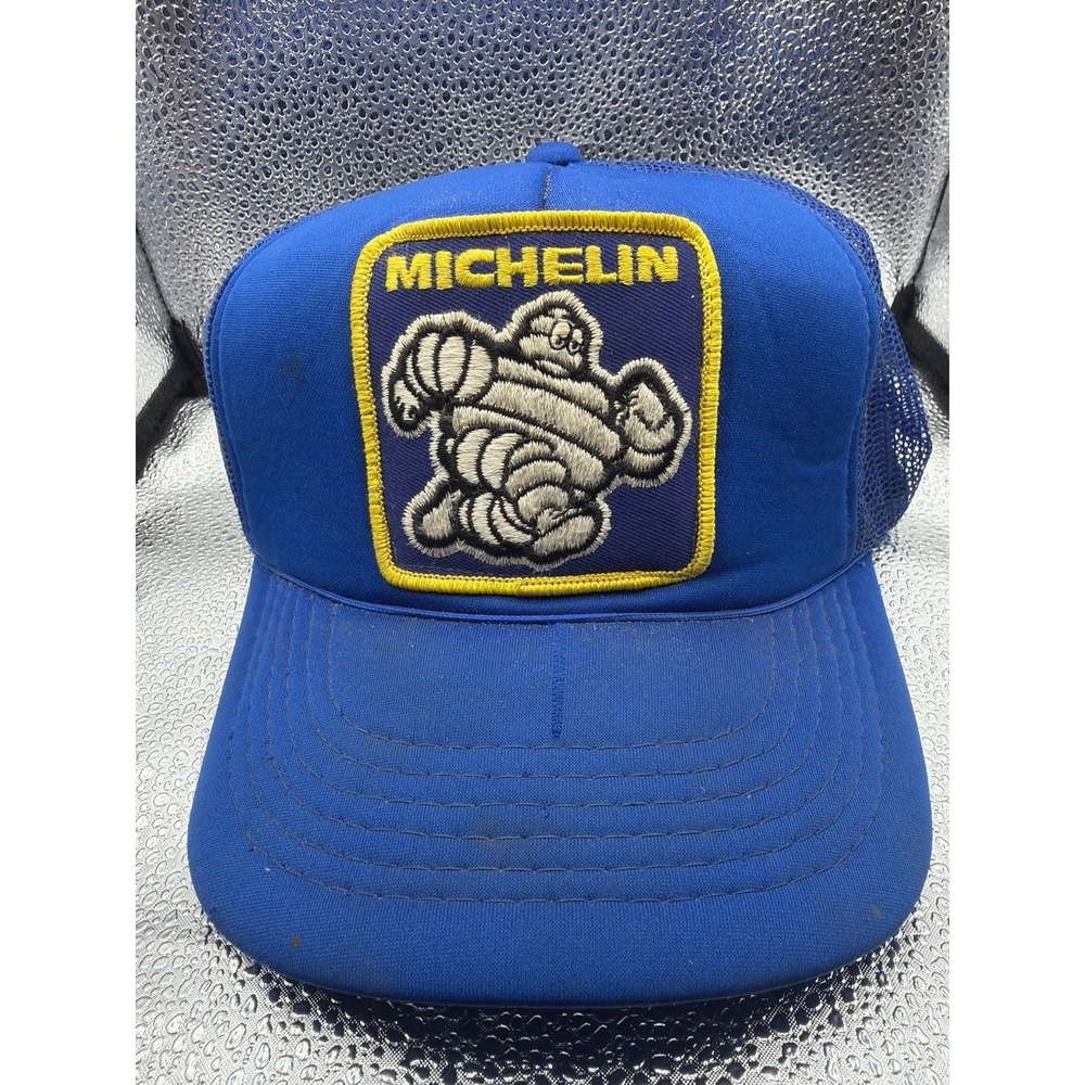 Vintage YR Michelin Man Trucker Hat Mesh Snapback Blue With Spell out Patch